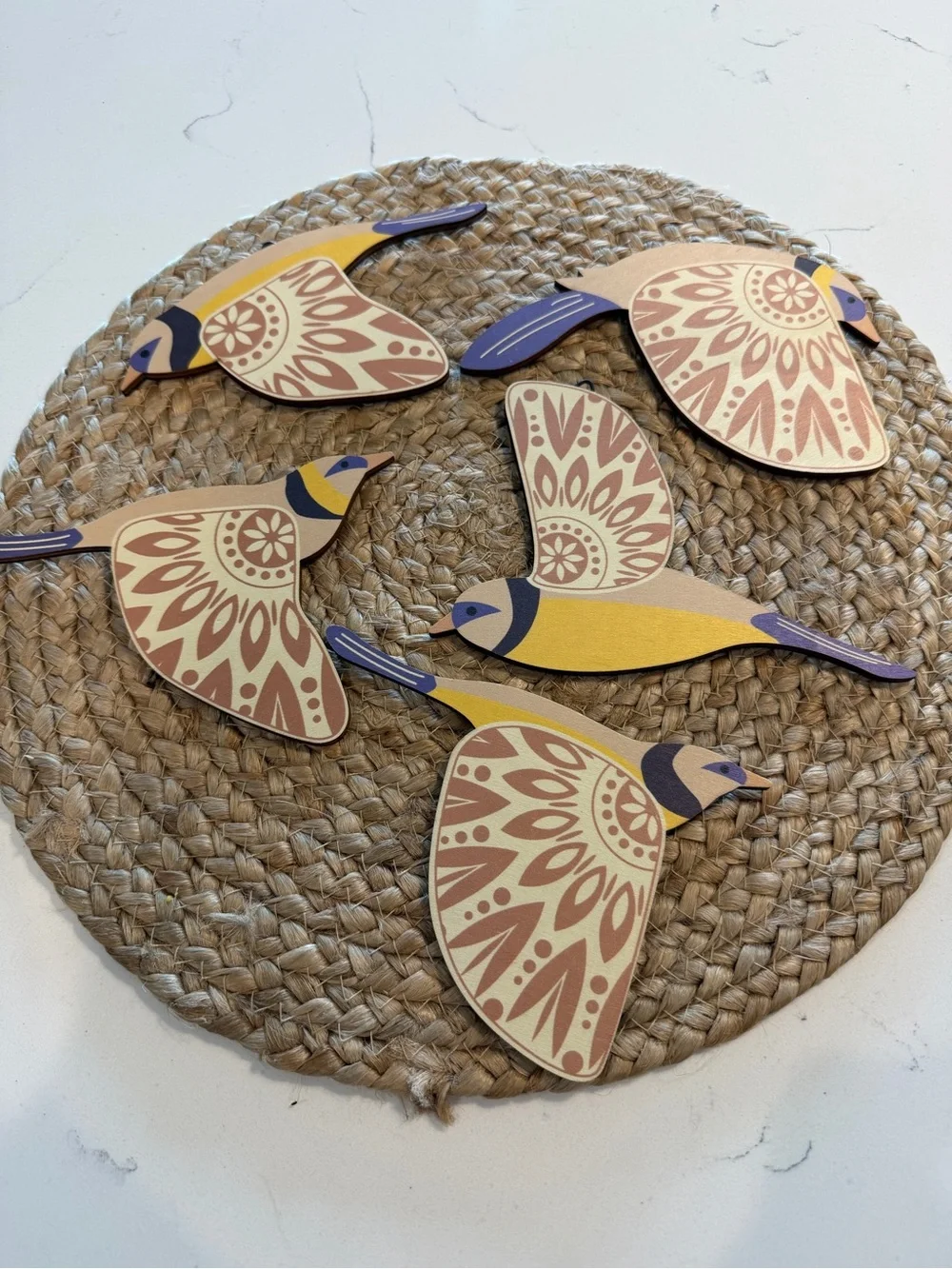 Yellow & Purple Decorative Flying Bird Wall Art Set -Scandinavian Folk Art Style